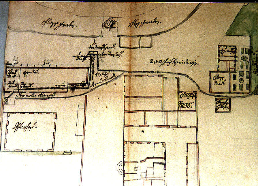 Beachte den Garten des Gschwandhofes und den Grundriss des Hotels zur Post.